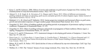• Kose, C. and M. Guleryuz. 2006. Effects of auxins and cytokinins on graft union of grapevine (Vitis vinifera). New
Zealand journal of crop and horticultural science. 34(2): 145-150.
• Ahmed, N., S. R. Singh, K. K. Srivastava, P. A. Shagoo and S. Hayat. 2012. Effect of different environments,
grafting methods and times on sprouting, graft success and plant growth of walnut (Juglans regia). Indian Journal of
Agricultural Sciences. 82(12): 14-18.
• Bidabadi, S. S., M. Afazel and P. Sabbatini. 2018. Iranian grapevine rootstocks and hormonal effects on graft union,
growth and antioxidant responses of Asgari seedless grape. Horticultural Plant Journal. 4(1): 16-23.
• Zenginbal, H. 2015. Effect of budding methods and grafting periods on propagation of persimmon sapling in nursery
conditions. Propagation of Ornamental Plants. 15: 3-9.
• Zenginbal, H. 2016. Effect of grafting techniques and periods on propagation of black mulberry (Morus nigra L.)
sapling. Propagation of Ornamental Plants, 16: 120-129.
• Evans, G. E. and H. P. Rasmussen. 1972. Anatomical changes in developing graft unions of Juniperus. J. Amer. Soc.
Hort. Sci. 97: 228–232.
• Perez-Luna, A., J. A. Prieto-Ruiz, J. Lopez-Upton, A. Carrillo-Parra, C. Wehenkel, J. A. Chavez-Simental and J. C.
Hernandez-Diaz. 2019. Some Factors Involved in the Success of Side Veneer Grafting of Pinus engelmannii
Carr. Forests. 10(2): 112.
• Bitters, W. P. and E. R. Parker. 1953. Quick decline of citrus as influenced by top-root relationships. Calif. Agr. Exp.
Sta. Bul. 733.
• Webber, H. J. 1943. The “tristeza” disease of sour orange rootstock. Proc. Amer. Soc. Hort. Sci. 43:160–68.
 