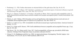 • Proebsting, E. L. 1928. Further observations on structural defects of the graft union. Bot. Gaz. 86: 82–92.
• Roberts, A. N. and L. T. Blaney. 1967. Qualitative, quantitative, and positional aspects of interstock influence on growth
and flowering of the apple. Proc. Amer. Soc. Hort. Sci. 91:39–50.
• Reig, G., A. Salazar, O. Zarrouk, C. F. Forcada, J. Val and M. A. Mreno. 2019. Long-term graft compatibility study of
peach-almond hybrid and plum based rootstocks budded with European and Japanese plums. Scientia Horticulturae. 243:
392-400.
• Deloire, A. and C. Hebant. 1982. Peroxidase activity and lignification at the interface between stock and scion of
compatible and incompatible grafts of Capsicum on Lycopersicon. Ann. Bot. 49:887–91.
• Eames, A. J. and L.G. Cox. 1945. A remarkable tree-fall and an unusual type of graft-union failure. American Journal of
Botany. 331-335.
• Errea, P., A. Felipe and H. Herrero. 1994. Graft establishment between compatible and incompatible Prunus spp. J. Exp.
Bot. 45: 393–401.
• Das Neves, T. R., N.A. Mayer and B. Ueno. 2017. Graft incompatibility in Prunus spp. preceded by SPAD index
reduction. Embrapa Clima Temperado-Artigo em periodico indexado (ALICE).
• Chong, S.T., R. Prabhakaran and H.K. Lee. 2008. An improved technique of propagating ‘Eksotika’ papaya. Acta
Horticulturae. 787:273-276. doi:10.17660/ActaHortic.2008.787.30.
 