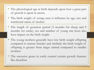 • The physiological age at birth depends upon how a great part
of growth is spent in uterus
• The birth weight of young ones is influence by age, size and
nutritional status of mother
• The length of gestation period (5 months for sheep and 9
months for cattle), sex and number of young one born also
have impact on the birth weight
• The young mothers generally have low birth weight offspring
compared to mature females and similarly the birth weight of
offspring is greater from larger animal compared to smaller
mothers
• The recessive genes in cattle control certain growth features
like dwarfism
 