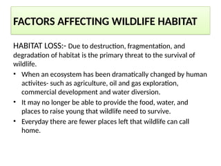 FACTORS AFFECTING WILDLIFE HABITAT
HABITAT LOSS:- Due to destruction, fragmentation, and
degradation of habitat is the primary threat to the survival of
wildlife.
• When an ecosystem has been dramatically changed by human
activites- such as agriculture, oil and gas exploration,
commercial development and water diversion.
• It may no longer be able to provide the food, water, and
places to raise young that wildlife need to survive.
• Everyday there are fewer places left that wildlife can call
home.
 