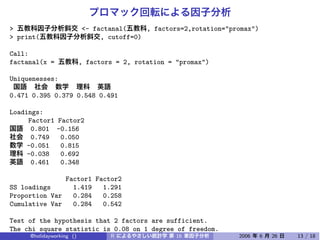 >                    <- factanal(     , factors=2,rotation="promax")
> print(                  , cutoff=0)

Call:
factanal(x =        , factors = 2, rotation = "promax")

Uniquenesses:

0.471 0.395 0.379 0.548 0.491

Loadings:
     Factor1   Factor2
      0.801    -0.156
      0.749     0.050
     -0.051     0.815
     -0.038     0.692
      0.461     0.348

                 Factor1 Factor2
SS loadings        1.419   1.291
Proportion Var     0.284   0.258
Cumulative Var     0.284   0.542

Test of the hypothesis that 2 factors are sufficient.
The chi square statistic is 0.08 on 1 degree of freedom.
      @holidayworking ()
The p-value is 0.782       R                 16               2006     6   26   13 / 18
 