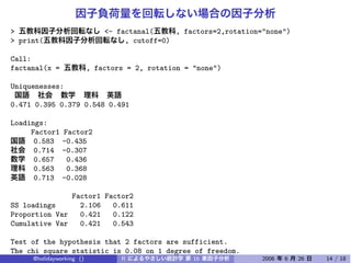 >                        <- factanal(     , factors=2,rotation="none")
> print(                      , cutoff=0)

Call:
factanal(x =        , factors = 2, rotation = "none")

Uniquenesses:

0.471 0.395 0.379 0.548 0.491

Loadings:
     Factor1   Factor2
      0.583    -0.435
      0.714    -0.307
      0.657     0.436
      0.563     0.368
      0.713    -0.028

                 Factor1 Factor2
SS loadings        2.106   0.611
Proportion Var     0.421   0.122
Cumulative Var     0.421   0.543

Test of the hypothesis that 2 factors are sufficient.
The chi square statistic is 0.08 on 1 degree of freedom.
      @holidayworking ()
The p-value is 0.782       R                 16                2006   6   26   14 / 18
 