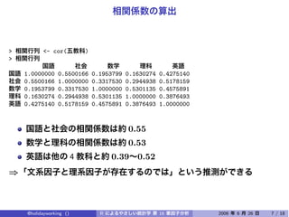 >         <- cor(            )
>

    1.0000000    0.5500166       0.1953799   0.1630274   0.4275140
    0.5500166    1.0000000       0.3317530   0.2944938   0.5178159
    0.1953799    0.3317530       1.0000000   0.5301135   0.4575891
    0.1630274    0.2944938       0.5301135   1.0000000   0.3876493
    0.4275140    0.5178159       0.4575891   0.3876493   1.0000000



                                             0.55
                                             0.53
                         4             0.39 0.52
⇒



    @holidayworking ()             R                     16          2006   6   26   7 / 18
 