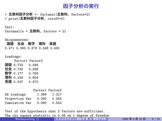 >                <- factanal(     , factors=2)
> print(              , cutoff=0)

Call:
factanal(x =        , factors = 2)
                                        Uniquenesses
                                        Loadings
Uniquenesses:
                                        SS loadings
0.471 0.395 0.379 0.548 0.491           Proportion Var
Loadings:                               Cumulative Var
     Factor1   Factor2
     0.722     0.084
     0.730     0.268
     0.177     0.768
     0.156     0.654
     0.537     0.470

                 Factor1 Factor2
SS loadings        1.399   1.317
Proportion Var     0.280   0.263
Cumulative Var     0.280   0.543

Test of the hypothesis that 2 factors are sufficient.
The chi square statistic is 0.08 on 1 degree of freedom.
      @holidayworking ()
The p-value is 0.782       R                 16            2006   6   26   9 / 18
 
