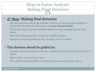 Steps in Factor Analysis: Making Final Decisions 4 th  Step : Making final decisions The final decision about the number of factors to choose is the number of factors for the rotated solution that is  most interpretable . To identify factors, group variables that have large loadings for the same factor. Plots of loadings provide a visual for variable clusters. Interpret factors according to the meaning of the variables This decision should be guided by: A priori conceptual beliefs about the number of factors from past research or theory Eigen values computed in step 2. The relative interpretability of rotated solutions computed in step 3. © Dr. Maher Khelifa 