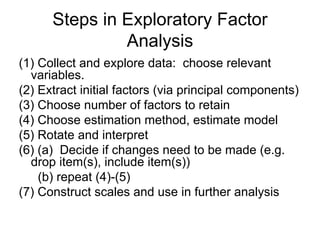 Steps in Exploratory Factor
Analysis
(1) Collect and explore data: choose relevant
variables.
(2) Extract initial factors (via principal components)
(3) Choose number of factors to retain
(4) Choose estimation method, estimate model
(5) Rotate and interpret
(6) (a) Decide if changes need to be made (e.g.
drop item(s), include item(s))
(b) repeat (4)-(5)
(7) Construct scales and use in further analysis
 