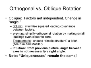 Orthogonal vs. Oblique Rotation
• Oblique: Factors not independent. Change in
“angle.”
– oblimin: minimize squared loading covariance
between factors.
– promax: simplify orthogonal rotation by making small
loadings even closer to zero.
– Target matrix: choose “simple structure” a priori.
(see Kim and Mueller)
– Intuition: from previous picture, angle between
axes is not necessarily a right angle.
• Note: “Uniquenesses” remain the same!
 