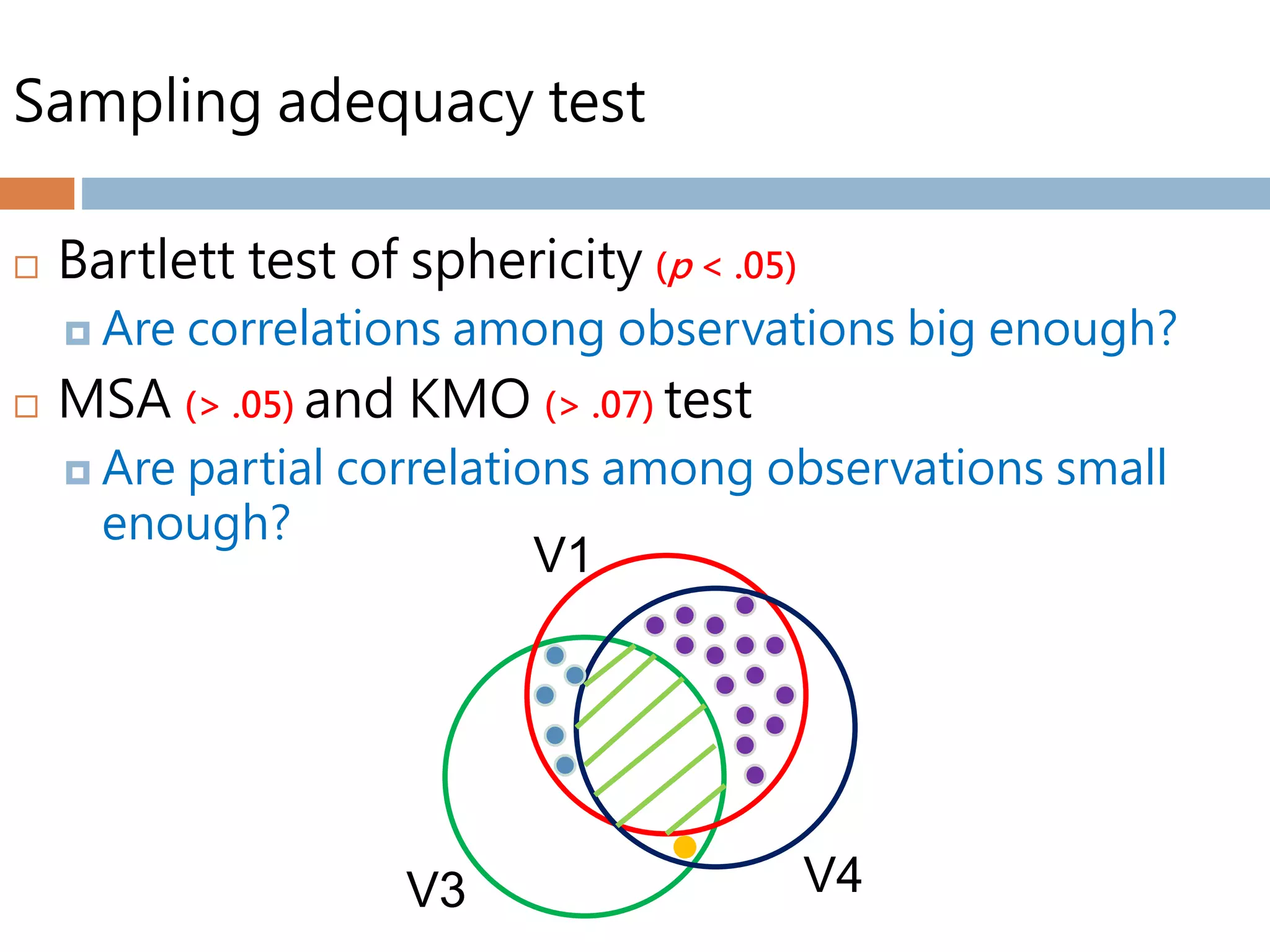 Sampling adequacy test
 Bartlett test of sphericity (p < .05)
 Are correlations among observations big enough?
 MSA (> .05) and KMO (> .07) test
 Are partial correlations among observations small
enough?
V1
V3 V4
 