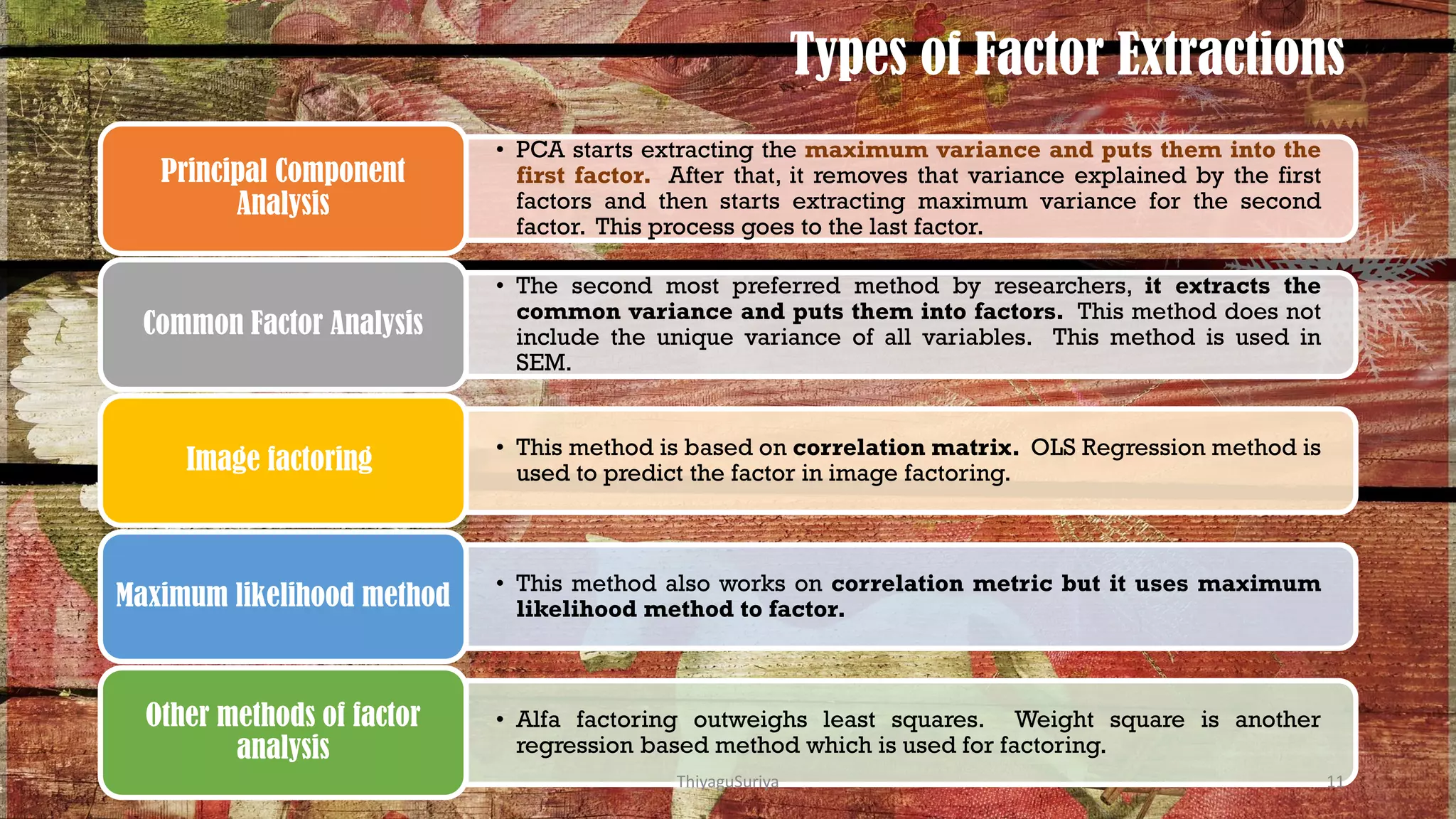 Types of Factor Extractions
• PCA starts extracting the maximum variance and puts them into the
first factor. After that, it removes that variance explained by the first
factors and then starts extracting maximum variance for the second
factor. This process goes to the last factor.
Principal Component
Analysis
• The second most preferred method by researchers, it extracts the
common variance and puts them into factors. This method does not
include the unique variance of all variables. This method is used in
SEM.
Common Factor Analysis
• This method is based on correlation matrix. OLS Regression method is
used to predict the factor in image factoring.Image factoring
• This method also works on correlation metric but it uses maximum
likelihood method to factor.Maximum likelihood method
• Alfa factoring outweighs least squares. Weight square is another
regression based method which is used for factoring.
Other methods of factor
analysis
ThiyaguSuriya 11
 