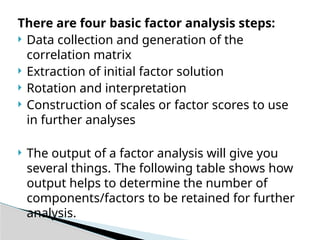 There are four basic factor analysis steps:
 Data collection and generation of the
correlation matrix
 Extraction of initial factor solution
 Rotation and interpretation
 Construction of scales or factor scores to use
in further analyses
 The output of a factor analysis will give you
several things. The following table shows how
output helps to determine the number of
components/factors to be retained for further
analysis.
 