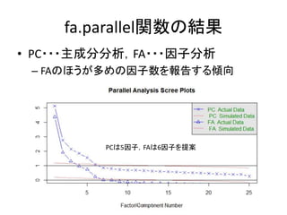 fa.parallel関数の結果 
• PC・・・主成分分析，FA・・・因子分析 
– FAのほうが多めの因子数を報告する傾向 
PCは5因子，FAは6因子を提案 
Kazutan.R 
 