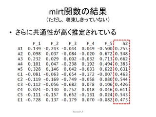 mirt関数の結果 
（ただし，収束しきっていない） 
• さらに共通性が高く推定されている 
Kazutan.R 
 