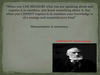 “When you CAN MEASURE what you are speaking about and
express it in numbers, you know something about it; but
when you CANNOT express it in numbers your knowledge is
of a mearge and unsatisfactory kind.”
Measurement is necessary.
LORD KELVIN, British Scientist
 
