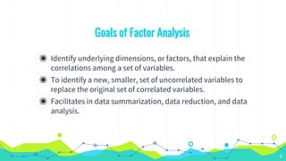 Goals of Factor Analysis
◉ Identify underlying dimensions, or factors, that explain the
correlations among a set of variables.
◉ To identify a new, smaller, set of uncorrelated variables to
replace the original set of correlated variables.
◉ Facilitates in data summarization, data reduction, and data
analysis.
5
 
