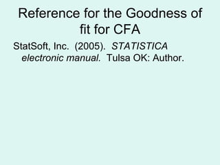 Reference for the Goodness of fit for CFA StatSoft, Inc.  (2005).  STATISTICA electronic manual.   Tulsa OK: Author. 