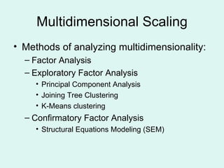 Multidimensional Scaling Methods of analyzing multidimensionality: Factor Analysis Exploratory Factor Analysis Principal Component Analysis Joining Tree Clustering K-Means clustering Confirmatory Factor Analysis Structural Equations Modeling (SEM) 