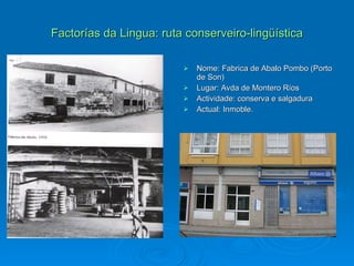 Factorías da Lingua: ruta conserveiro-lingüística Nome: Fabrica de Abalo Pombo (Porto de Son) Lugar: Avda de Montero Ríos Actividade: conserva e salgadura Actual: Inmoble. 