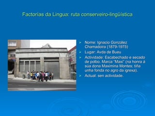 Factorías da Lingua: ruta conserveiro-lingüística Nome: Ignacio González Chamadoira (1879-1975) Lugar: Avda de Bueu Actividade: Escabechado e secado de polbo. Marca “Maxi” (na honra á súa dona Maximina Montes; tiña unha fonda no agro da igrexa). Actual: sen actividade. 