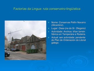 Factorías da Lingua: ruta conserveiro-lingüística Nome: Conservas Pellín Navarro (Alicantino).  Lugar: Oxea (na do Sr. Olegario) Actividade: Anchoa; tiñan tamén fábrica en Temperáns e Rodeira. Actual: sen actividade; pendente do Plan de Ordenación do Litoral galego. 