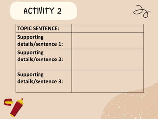 TOPIC SENTENCE:
Supporting
details/sentence 1:
Supporting
details/sentence 2:
Supporting
details/sentence 3:
 