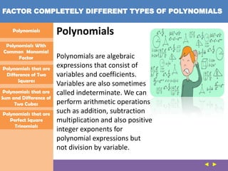 FACTOR COMPLETELY DIFFERENT TYPES OF POLYNOMIALS
Polynomials With
Common Monomial
Factor
Polynomials that are
Difference of Two
Squares
Polynomials that are
Sum and Difference of
Two Cubes
Polynomials that are
Perfect Square
Trinomials
Polynomials Polynomials
Polynomials are algebraic
expressions that consist of
variables and coefficients.
Variables are also sometimes
called indeterminate. We can
perform arithmetic operations
such as addition, subtraction
multiplication and also positive
integer exponents for
polynomial expressions but
not division by variable.
 