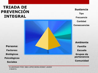 Sustancia
Tipo
Frecuencia
Cantidad
Consecuencias
TRIADA DE
PREVENCIÓN
INTEGRAL
Persona:
Factores:
Biológicos
Psicológicos
Sociales
Ambiente
Familia
Escuela
Grupos de
pertenencia
Comunidad
ELABORADO POR: SM2 LOPEZ MORA DONNY JAVIER
31MAR18.
 