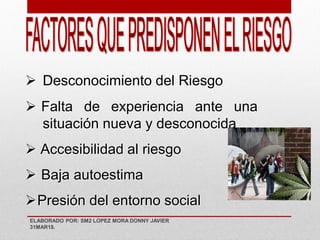  Desconocimiento del Riesgo
 Falta de experiencia ante una
situación nueva y desconocida
 Accesibilidad al riesgo
 Baja autoestima
Presión del entorno social
ELABORADO POR: SM2 LOPEZ MORA DONNY JAVIER
31MAR18.
 