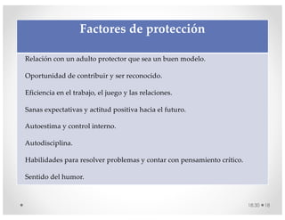 Factores de protección
Relación con un adulto protector que sea un buen modelo.
Oportunidad de contribuir y ser reconocido.
Eficiencia en el trabajo, el juego y las relaciones.
Sanas expectativas y actitud positiva hacia el futuro.
Autoestima y control interno.
Autodisciplina.
Habilidades para resolver problemas y contar con pensamiento crítico.
Sentido del humor.
18:30 18
 