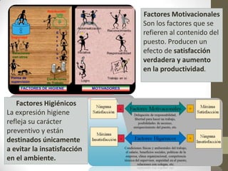Factores Motivacionales
                             Son los factores que se
                             refieren al contenido del
                             puesto. Producen un
                             efecto de satisfacción
                             verdadera y aumento
                             en la productividad.



   Factores Higiénicos
La expresión higiene
refleja su carácter
preventivo y están
destinados únicamente
a evitar la insatisfacción
en el ambiente.
 