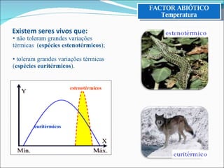 Existem seres vivos que: não toleram grandes variações térmicas  ( espécies estenotérmicos ); toleram grandes variações térmicas ( espécies euritérmicos ). FACTOR ABIÓTICO Temperatura euritérmicos estenotérmicos euritérmico estenotérmico 