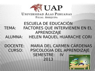 ESCUELA DE EDUCACIÓN
TEMA: FACTORES QUE INTERVIENEN EN EL
APRENDIZAJE
 ALUMNA: HELEN RAQUEL HUARACHE CORI
DOCENTE: MARIA DEL CARMEN CÁRDENAS
CURSO: PSICOLOGIA DEL APRENDIZAJE
SEMESTRE: IV
2013
 