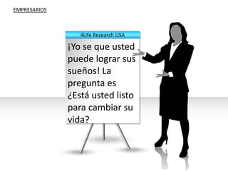 EMPRESARIOS4Life Research USA Conviértase en un profesional, sáquele  provecho a su vida. Si esta cansado/a de estar siempre en el  mismo lugar y nunca ser valorado por su esfuerzo, de no poder realizar sus “SUEÑOS” y con los mismos ingresos o resultados, tal vez esta es la oportunidad que ha estado buscando. 
