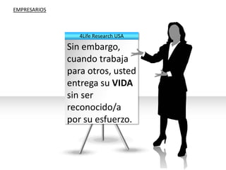 EMPRESARIOS4Life Research USA PREGUNTESE:¿Cuánto vale una hora de mi tiempo? $8.00, $10.00, $15.00 … EMPRESARIOS4Life Research USA YO LE PREGUNTO:¿Cuánto vale una hora de su VIDA?EMPRESARIOS4Life Research USA Sin embargo, cuando trabaja para otros, usted entrega su VIDA sin ser reconocido/a por su esfuerzo.