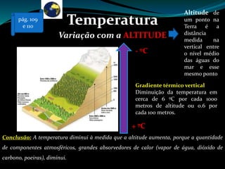 Temperatura
Variação com a ALTITUDE
Conclusão: A temperatura diminui à medida que a altitude aumenta, porque a quantidade
de componentes atmosféricos, grandes absorvedores de calor (vapor de água, dióxido de
carbono, poeiras), diminui.
Gradiente térmico vertical
Diminuição da temperatura em
cerca de 6 ºC por cada 1000
metros de altitude ou 0.6 por
cada 100 metros.
+ ºC
- ºC
Altitude de
um ponto na
Terra é a
distância
medida na
vertical entre
o nível médio
das águas do
mar e esse
mesmo ponto
pág. 109
e 110
 