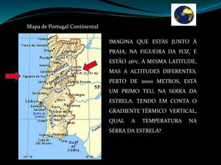 Mapa de Portugal Continental
IMAGINA QUE ESTÁS JUNTO À
PRAIA, NA FIGUEIRA DA FOZ, E
ESTÃO 26ºc. À MESMA LATITUDE,
MAS A ALTITUDES DIFERENTES,
PERTO DE 2000 METROS, ESTÁ
UM PRIMO TEU, NA SERRA DA
ESTRELA. TENDO EM CONTA O
GRADIENTE TÉRMICO VERTICAL,
QUAL A TEMPERATURA NA
SERRA DA ESTRELA?
 