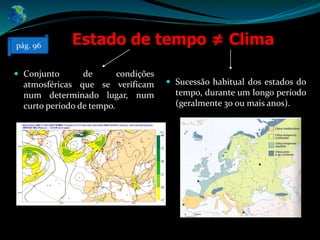 Estado de tempo ≠ Clima
 Conjunto de condições
atmosféricas que se verificam
num determinado lugar, num
curto período de tempo.
 Sucessão habitual dos estados do
tempo, durante um longo período
(geralmente 30 ou mais anos).
pág. 96
 
