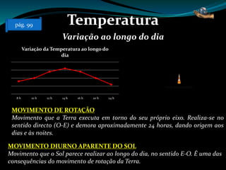 Temperatura
Variação ao longo do dia
MOVIMENTO DE ROTAÇÃO
Movimento que a Terra executa em torno do seu próprio eixo. Realiza-se no
sentido directo (O-E) e demora aproximadamente 24 horas, dando origem aos
dias e às noites.
MOVIMENTO DIURNO APARENTE DO SOL
Movimento que o Sol parece realizar ao longo do dia, no sentido E-O. É uma das
consequências do movimento de rotação da Terra.
8 h 10 h 12 h 14 h 16 h 20 h 24 h
Variação da Temperatura ao longo do
dia
pág. 99
 