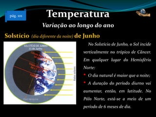 Temperatura
Variação ao longo do ano
Solstício (dia diferente da noite) de Junho
No Solstício de Junho, o Sol incide
verticalmente no trópico de Câncer.
Em qualquer lugar do Hemisfério
Norte:
• O dia natural é maior que a noite;
• A duração do período diurno vai
aumentar, então, em latitude. No
Pólo Norte, está-se a meio de um
período de 6 meses de dia.
pág. 101
 