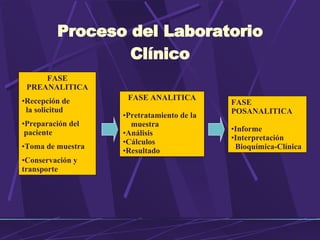 Proceso del Laboratorio Clínico FASE PREANALITICA Recepción de    la solicitud Preparación del   paciente Toma de muestra Conservación y  transporte FASE ANALITICA Pretratamiento de la  muestra Análisis Cálculos Resultado FASE POSANALITICA Informe Interpretación    Bioquímica-Clínica 