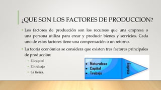 ¿QUE SON LOS FACTORES DE PRODUCCION?
• Los factores de producción son los recursos que una empresa o
una persona utiliza para crear y producir bienes y servicios. Cada
uno de estos factores tiene una compensación o un retorno.
• La teoría económica se considera que existen tres factores principales
de producción:
• El capital
• El trabajo
• La tierra.
 