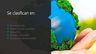 Se clasifican en:
 Recursos naturales
 Recursos naturales renovables
 Fauna y Flora
 Recursos no renovables
 Recursos naturales permanentes
 