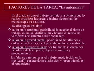 FACTORES DE LA TAREA: “La autonomía”
  Es el grado en que el trabajo permite a la persona que lo
 realiza organizar las tareas e incluso determinar los
 métodos que va a utilizar.
  Se distinguen tres tipos:
 autonomía temporal: posibilidad de adaptar el ritmo de
 trabajo, duración, distribución y horario e incluso las
 vacaciones de acuerdo a sus necesidades
 autonomía procedimental: posibilidad de influir en el
              procedimental
 orden de las tareas y en el procedimiento para realizarlas
 autonomía organizacional: posibilidad de intervenir en
              organizacional
 la política de la empresa, objetivos, normas y
 procedimientos
 La falta de autonomía en el trabajo puede incidir en la
 motivación generando insatisfacción y repercutiendo en
 el rendimiento
 