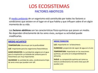 LOS ECOSISTEMAS
FACTORES ABIOTICOS
El medio ambiente de un organismo está constituido por todos los factores o
condiciones que existen en el lugar en el que habita y que influyen sobre él en algún
momento de su vida.
Los factores abióticos son las características físico-químicas que posee un medio.
No dependen directamente de los seres vivos, aunque su actividad puede
modificarlos.
MEDIO ACUATICO
TEMPERATURA: disminuye con la profundidad
LUZ: importante para los organismos fotosintéticos
GASES DISUELTOS: la cantidad de oxígeno en el agua
para la respiración y el dióxido de carbono para la
fotosíntesis son muy importantes
SALINIDAD: la cantidad de sales, condicionará el tipo
de seres vivos que puedan vivir allí.
MEDIO TERRESTRE
LUZ: importante en la fotosíntesis
HUMEDAD: proporción de vapor de agua en el aire
TEMPERATURA: importante en las reacciones
químicas, así como en la disponibilidad de
alimento
SUELO: su composición química así como su
textura condicionará a los seres vivos que allí
puedan vivir
 