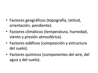 • Factores geográficos (topografía, latitud,
orientación, pendiente).
• Factores climáticos (temperatura, humedad,
viento y presión atmosférica).
• Factores edáficos (composición y estructura
del suelo).
• Factores químicos (componentes del aire, del
agua y del suelo).
 