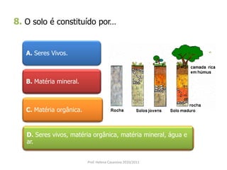 8. O solo é constituído por…
A. Seres Vivos.
B. Matéria mineral.
C. Matéria orgânica.
D. Seres vivos, matéria orgânica, matéria mineral, água e
ar.
Prof. Helena Casanova 2010/2011
 