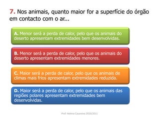 7. Nos animais, quanto maior for a superfície do órgão
em contacto com o ar...
A. Menor será a perda de calor, pelo que os animais do
deserto apresentam extremidades bem desenvolvidas.
B. Menor será a perda de calor, pelo que os animais do
deserto apresentam extremidades menores.
C. Maior será a perda de calor, pelo que os animais de
climas mais frios apresentam extremidades reduzida.
D. Maior será a perda de calor, pelo que os animais das
regiões polares apresentam extremidades bem
desenvolvidas.
Prof. Helena Casanova 2010/2011
 
