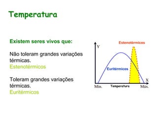 Existem seres vivos que:
Não toleram grandes variações
térmicas.
Estenotérmicos
Toleram grandes variações
térmicas.
Euritérmicos
Temperatura
Euritérmicos
Estenotérmicos
Temperatura
 