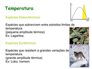 Espécies Estenotérmicos
Espécies que sobrevivem entre estreitos limites de
temperatura.
(pequena amplitude térmica)
Ex: Lagartixa.
Espécies Euritérmicos
Espécies que resistem a grandes variações de
temperatura.
(grande amplitude térmica)
Ex: Lobo, homem.
Temperatura
 