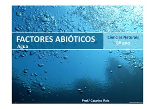 Ciências Naturais
FACTORES ABIÓTICOS                   8º ano
Água




              Prof.ª Catarina Reis
 