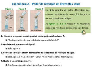 Experiência A – Poder de retenção de diferentes solosEm três amostra de solos diferentes, que estavam perfeitamente secos, foi lançada a mesma quantidade de água.As figuras 1, 2 e 3 mostram os resultados obtidos ao fim de um certo período de tempo. Formule um problema adequado à investigação realizada em A.		R: “Será que o tipo de solo influência a permeabilidade?”.2. Qual dos solos reteve mais água?	R: Solo argiloso.3. Coloca os solos por ordem decrescente de capacidade de retenção de água.	R: Solo argiloso  > Solo rico em Húmus > Solo Arenoso (não retém água).4. Qual é o solo mais permeável?	R: O solo arenoso não retém água, logo é o mais permeável.